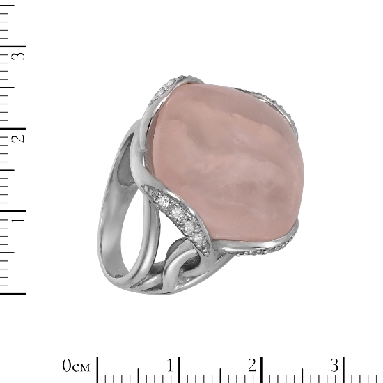 Кольцо 'Шеба' с розовым кварцем и фианитами, родий