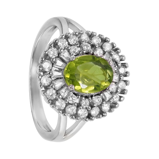 Кольцо 'Павие' с хризолитом и фианитами, родий