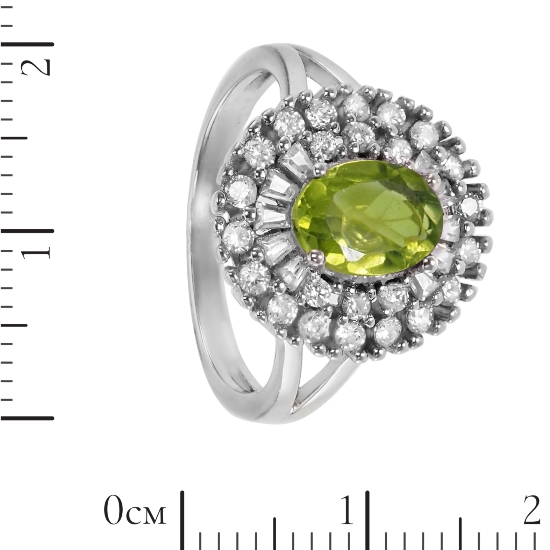 Кольцо 'Павие' с хризолитом и фианитами, родий