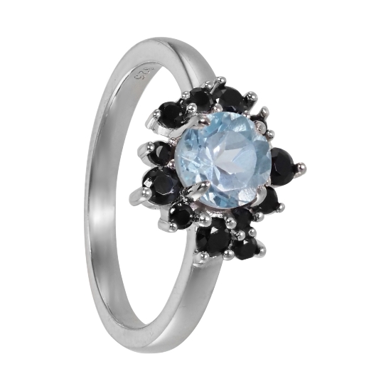 Кольцо 'Феерия' с голубым топазом, чёрная шпинель, родий
