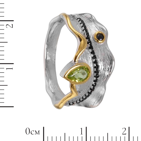 Кольцо 'Сона' с хризолитом, чёрная шпинель, позолота, родий