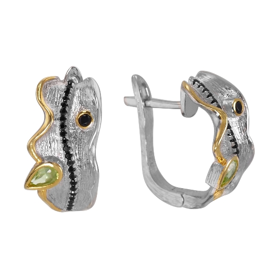 Серьги 'Сона' с хризолитом, чёрная шпинель, позолота, родий