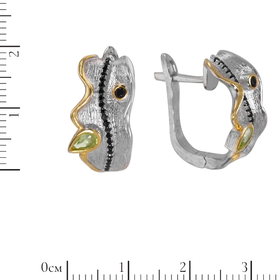 Серьги 'Сона' с хризолитом, чёрная шпинель, позолота, родий