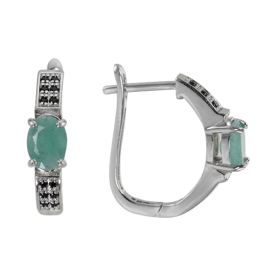 Серьги 'Пряжка' с изумрудом, чёрной шпинелью, родий
