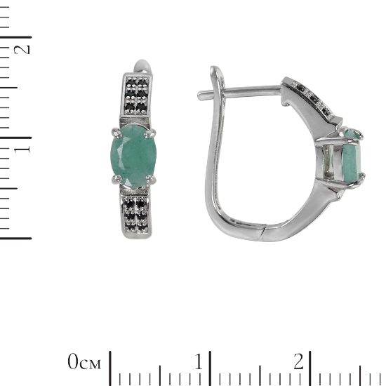 Серьги 'Пряжка' с изумрудом, чёрной шпинелью, родий