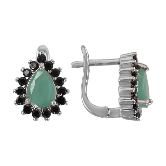 Серьги 'Хира' с изумрудом, чёрной шпинелью, родий