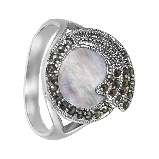 Кольцо 'Хвост павлина' с перламутром и марказитами