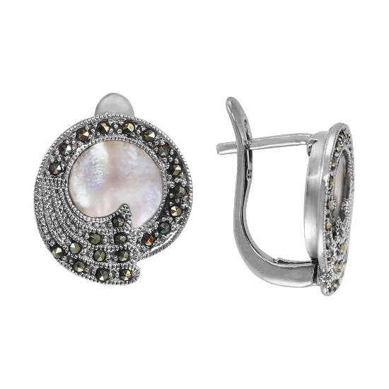 Серьги 'Хвост павлина' с перламутром и марказитами