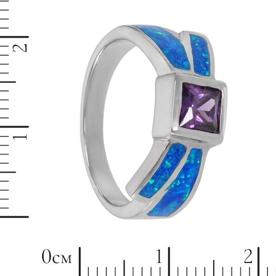 Кольцо 'Пряжка' с синт опалом и фианитом, родий