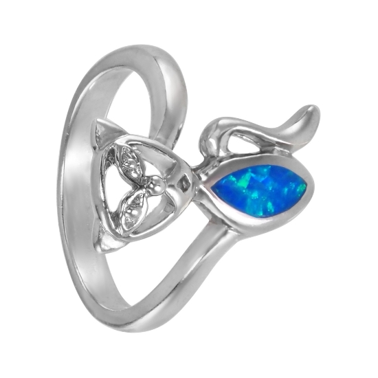 Кольцо 'Кошка' с синт опалом, родий