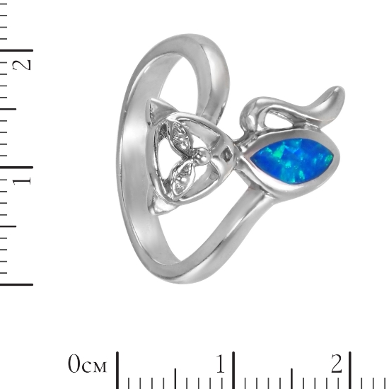 Кольцо 'Кошка' с синт опалом, родий