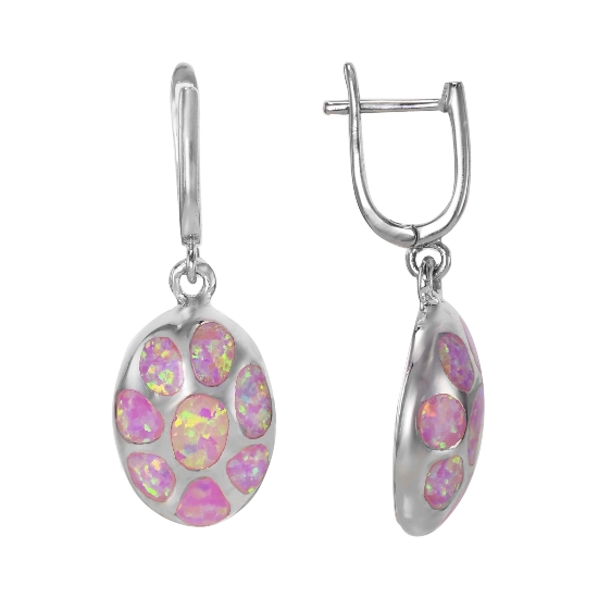 Серьги 'Панцирь' с розовым синт опалом, родий