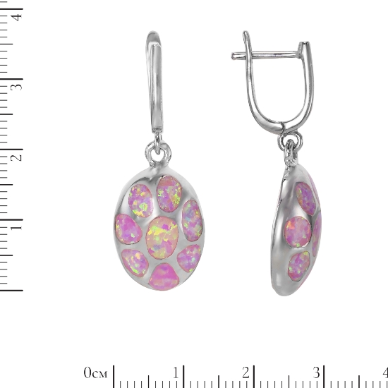 Серьги 'Панцирь' с розовым синт опалом, родий