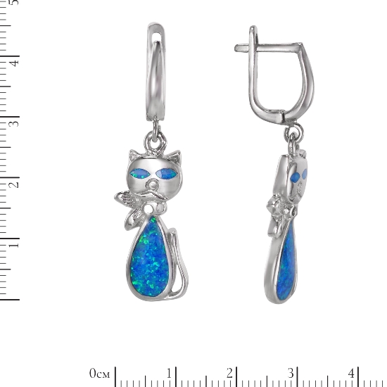Серьги 'Кошка' с синт опалом, родий
