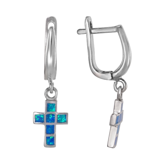 Серьги 'Крестик' с синт опалом, родий