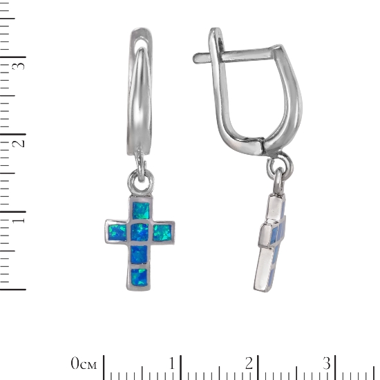 Серьги 'Крестик' с синт опалом, родий