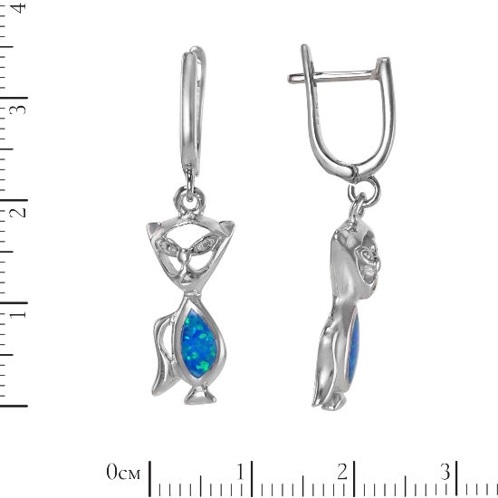 Серьги 'Кошка' с синт опалом, родий